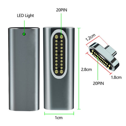 Silver 20-pin magnetic USB-C elbow adapter with visible 20-pin connector and LED