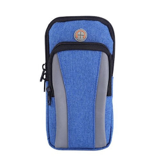 Blue smartphone armband with clear pocket and black trim, side zipper pocket.