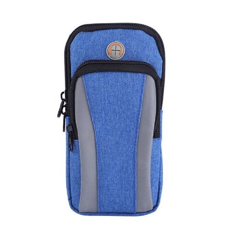Blue smartphone armband with gray protective window and black border, compact case.