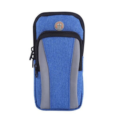 Blue smartphone armband with gray protective window and black border, compact case.