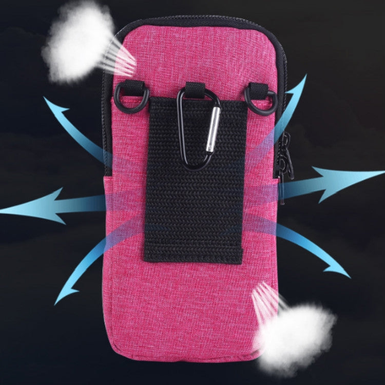 Pink smartphone armband front view with black pocket panel and clip closure.