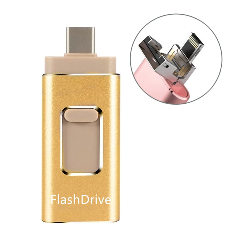 Gold 4-in-1 USB OTG flash drive adapter with multi-connector ports and USB plug