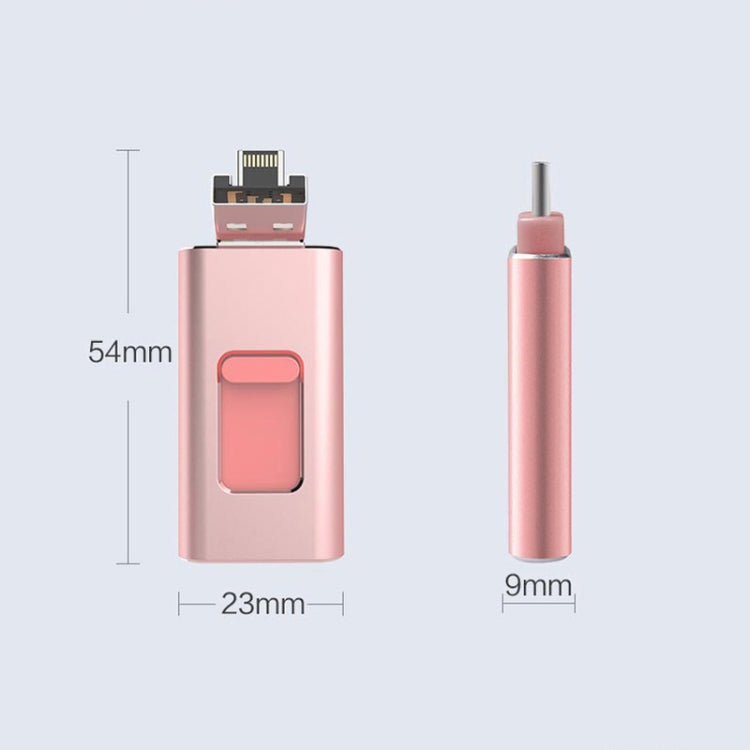 Rose gold 4-in-1 USB OTG flash drive, front and side view with ports