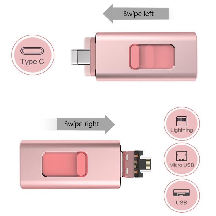 Rose gold 4-in-1 USB OTG flash drive showing Type-C, Lightning, Micro USB, USB