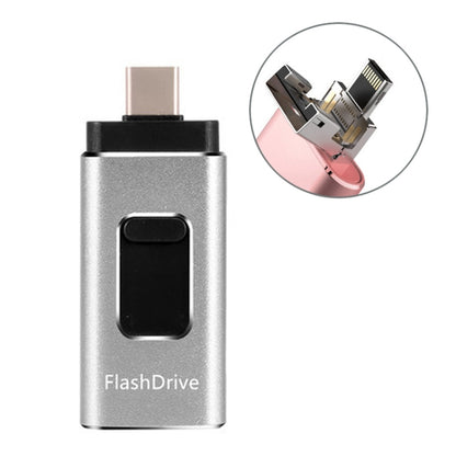 4-in-1 USB flash drive, silver with USB plug and multi-connector inset view