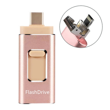 Rose gold 4-in-1 USB OTG flash drive adapter with retractable USB plug and port panel