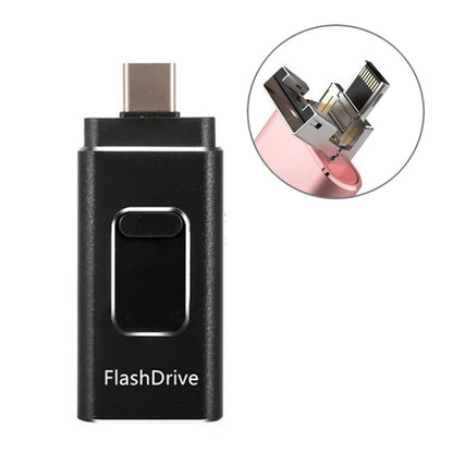 4-in-1 USB flash drive, black with port cover and multi-connector inset view