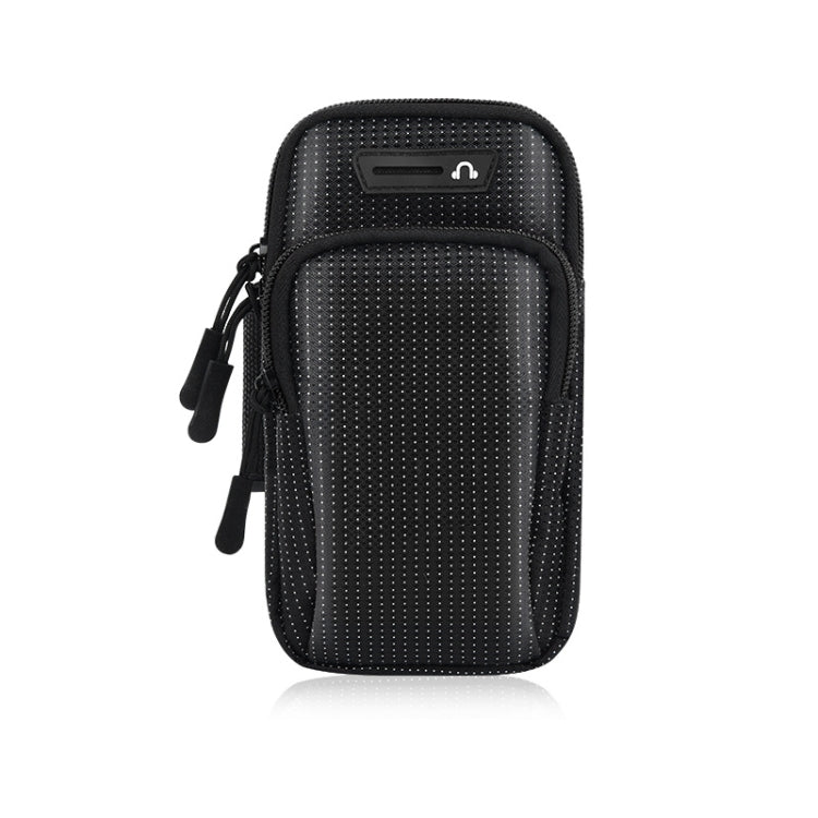 Black textured running mobile phone arm bag with front logo and drawstring ties