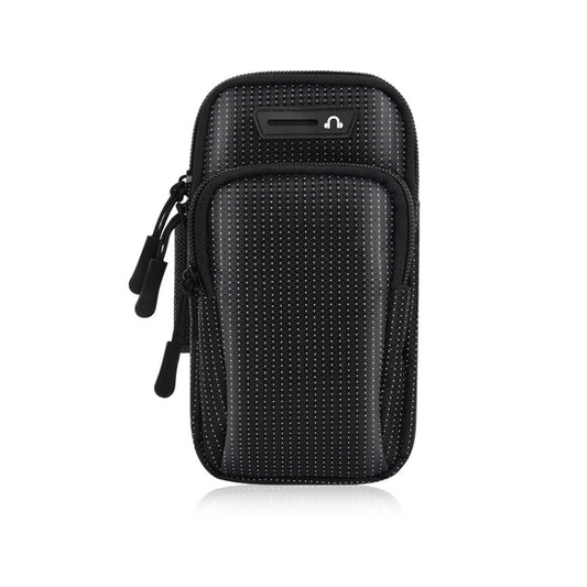 Black textured running mobile phone arm bag with front logo and drawstring ties