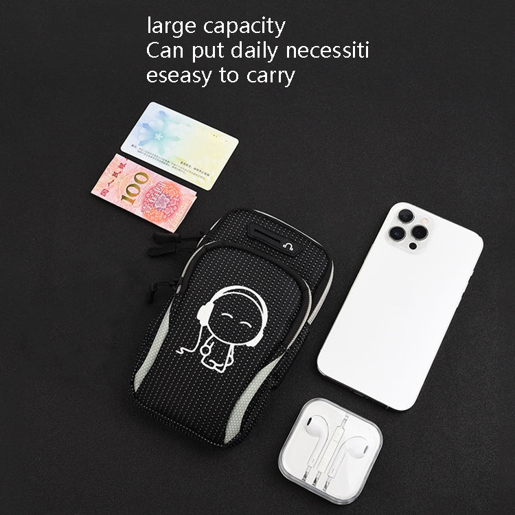 Black running mobile phone arm bag with neon skull graphic, cards and phone shown