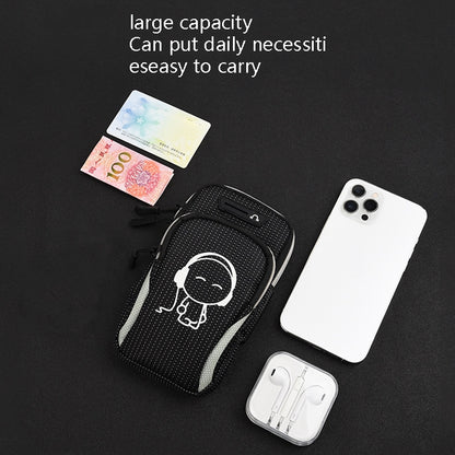 Black running mobile phone arm bag with neon skull graphic, cards and phone shown