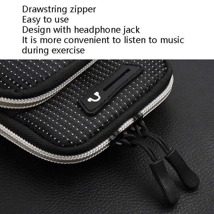 Black drawstring zip armband phone bag with headphone jack and pocket detail