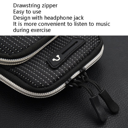Black drawstring zip armband phone bag with headphone jack and pocket detail