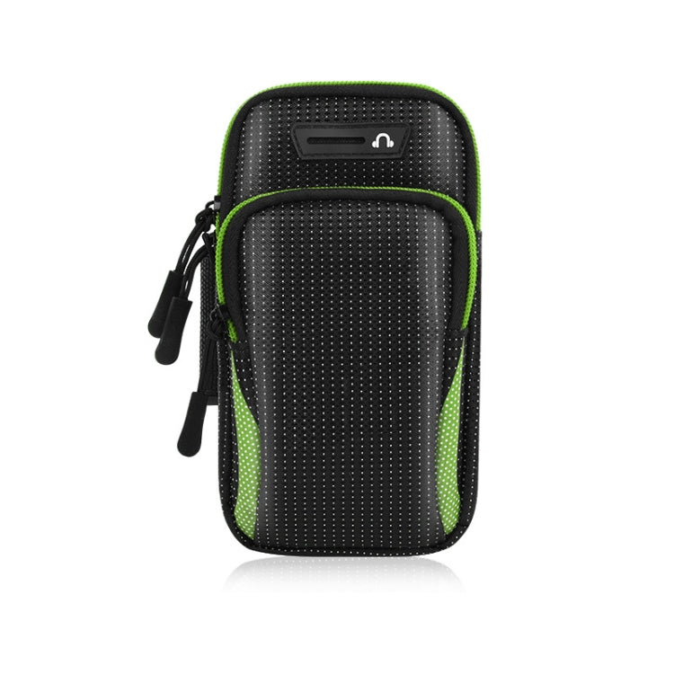 Green-trim running mobile phone arm bag with textured front and drawstring ties