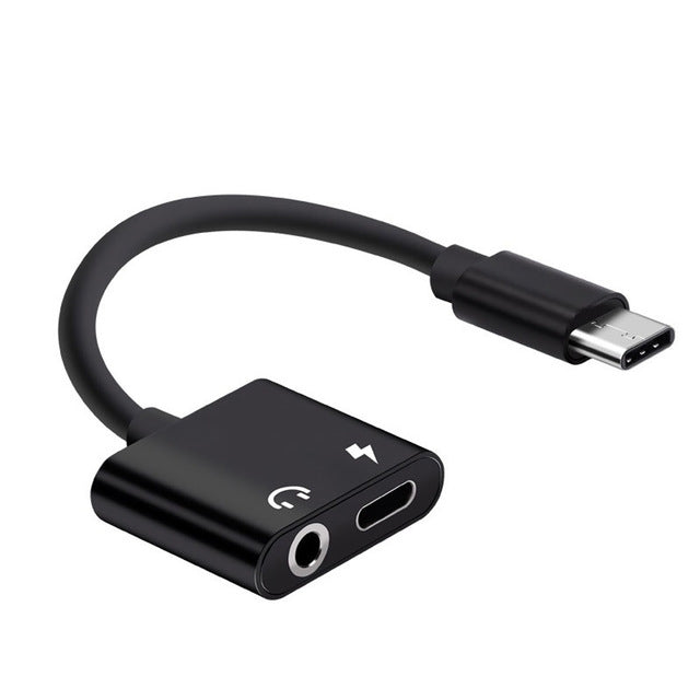 Black USB-C aux and USB-C charging adapter cable with 3.5mm headphone jack