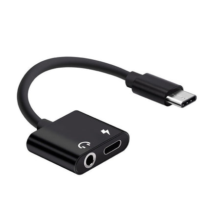 Black USB-C aux and USB-C charging adapter cable with 3.5mm headphone jack