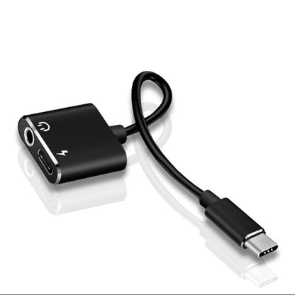 Black USB-C to 3.5mm aux and USB-C charging adapter cable with headphone jack