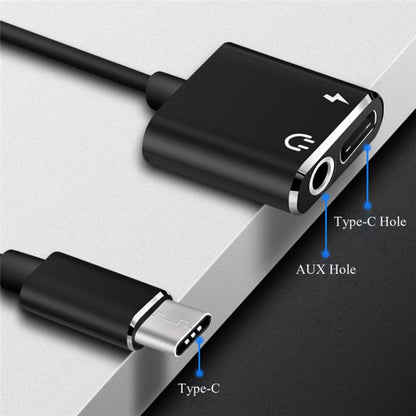 Black USB-C aux adapter showing Type-C and 3.5mm AUX port outlets