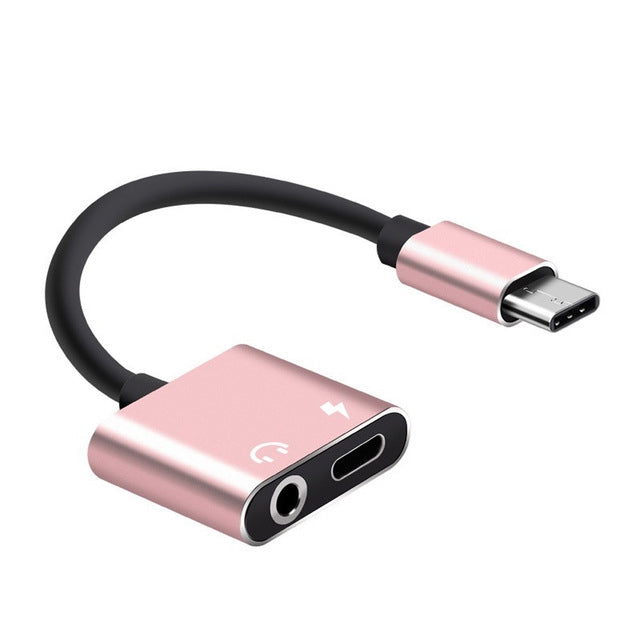Pink USB-C to 3.5mm aux and USB-C charging adapter audio cable with black cord