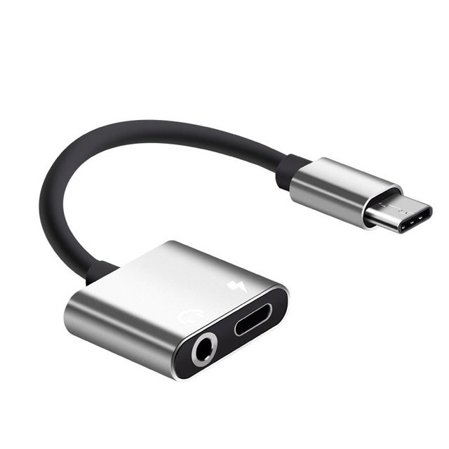 Silver USB-C to 3.5mm aux and USB-C charging adapter audio cable with black cord