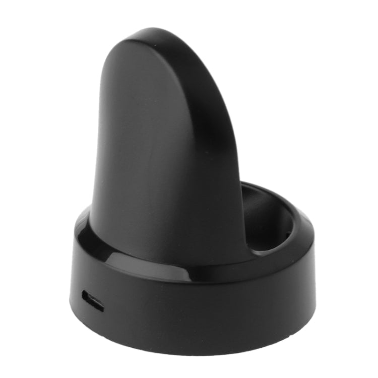 Black charging dock stand with arched cradle opening and side charging slot