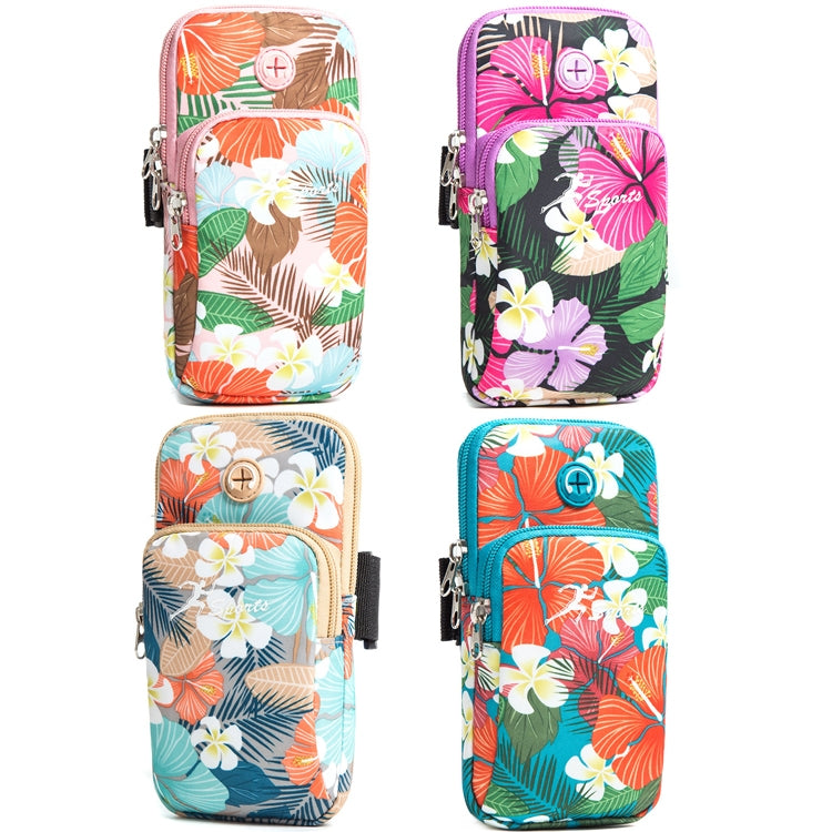 Set of four floral phone sports arm bags in pink, purple, blue, and teal colorways