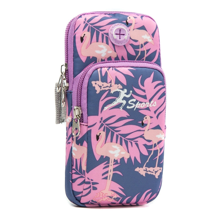 Light purple sports arm phone pouch bag with flamingo and leaf pattern, zip closure
