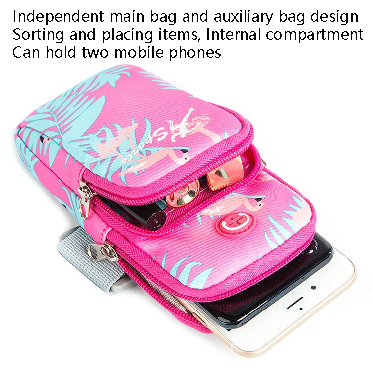 Pink patterned phone arm band bag with two-compartment design and adjustable strap