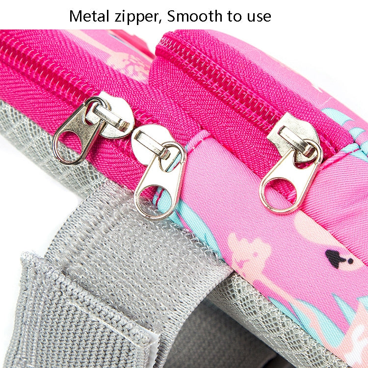 Pink and light gray arm bag with metal zipper and snap clips