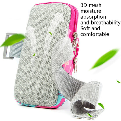 Breathable 3D mesh phone arm band with pink zip pouch and gray strap