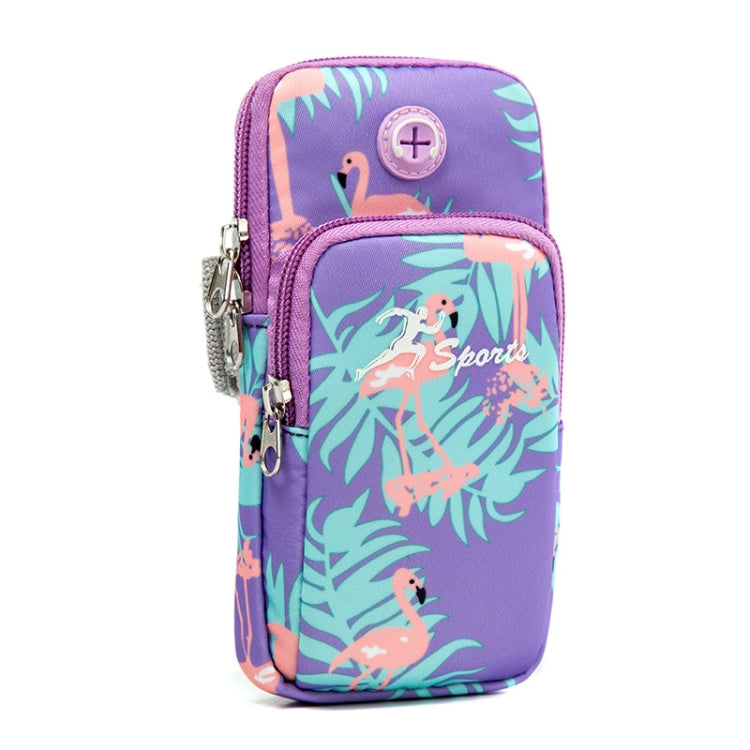 Purple and teal sports arm phone pouch bag with flamingo and leaf pattern, zip closure