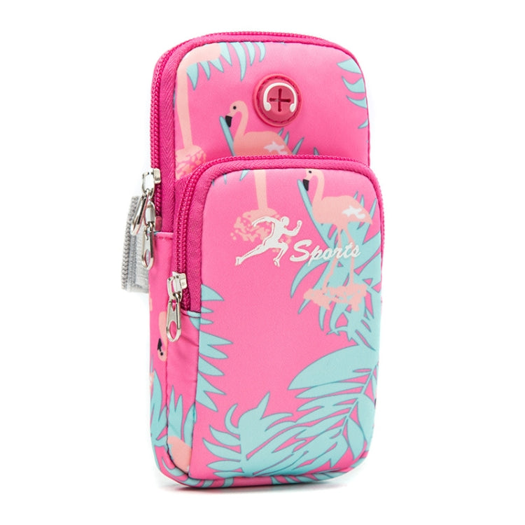 Rose pink sports arm phone pouch bag with flamingo and leaf pattern, zip closure