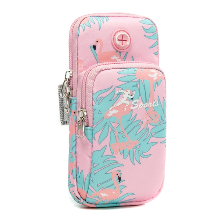 Pink sports arm phone pouch bag with flamingo and leaf pattern, zip closure
