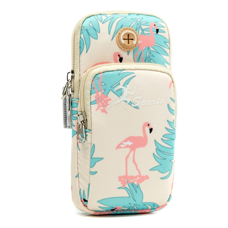 Light beige sports arm phone pouch bag with flamingo and leaf pattern, zip closure