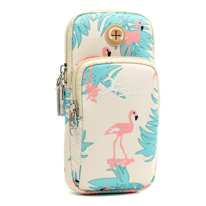 Light beige sports arm phone pouch bag with flamingo and leaf pattern, zip closure