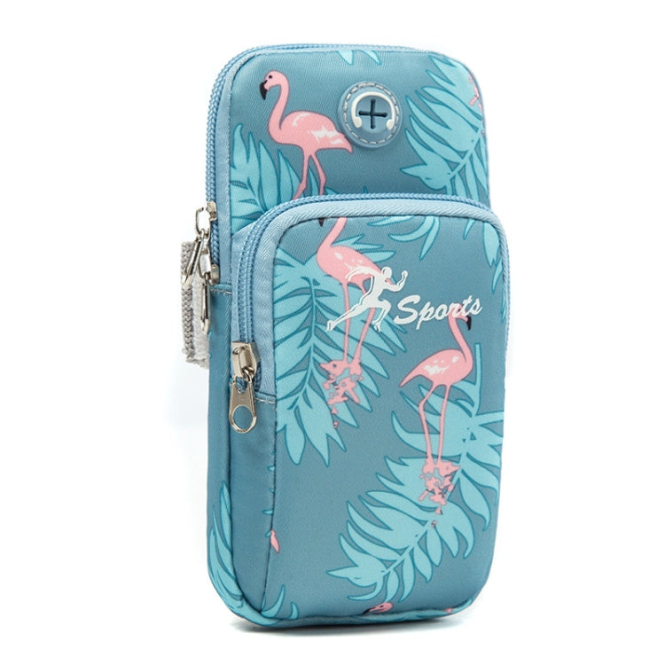 Sky blue sports arm phone pouch bag with flamingo and leaf pattern, zip closure