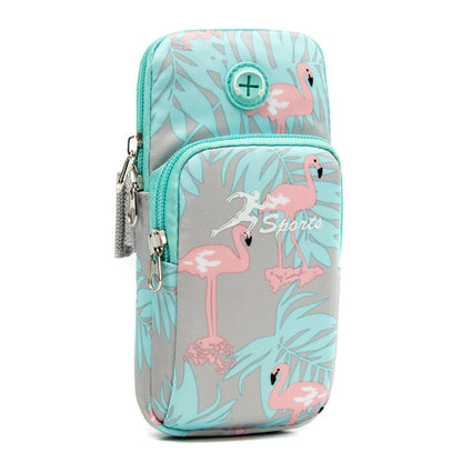 Teal sports arm phone pouch bag with flamingo and leaf pattern, zip closure
