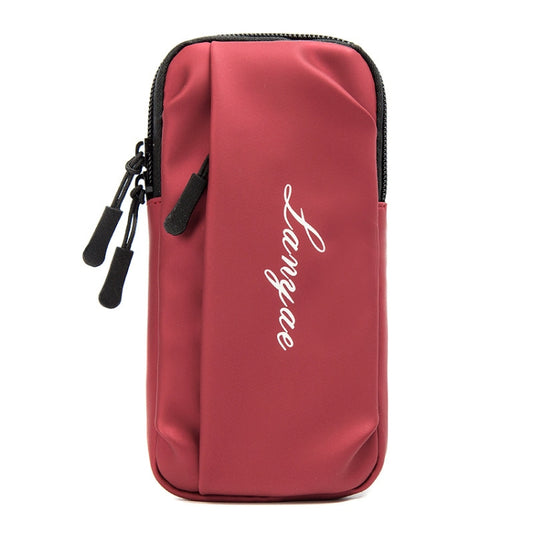 Dark red zippered phone armband bag with adjustable strap and front logo print