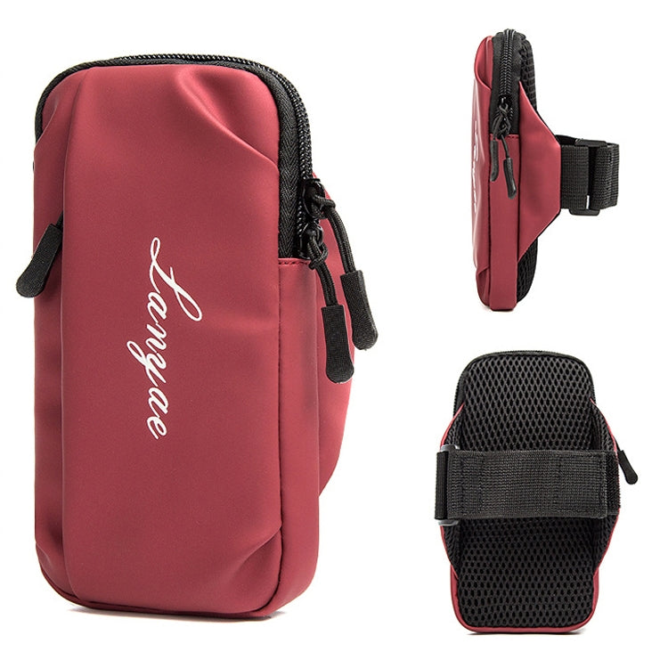Dark red phone armband bag with black strap, side buckle, and zippered pocket