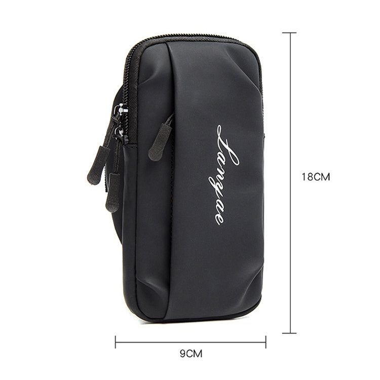 Black phone armband bag, zippered front pocket with adjustable strap