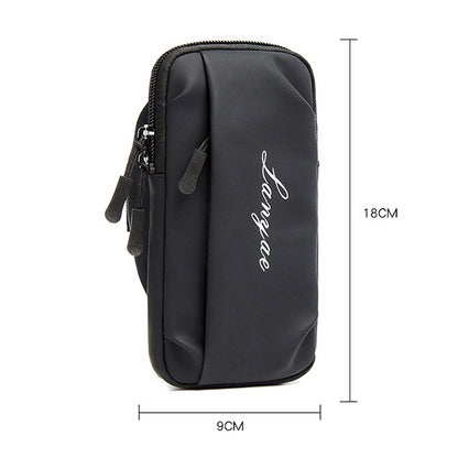 Black phone armband bag, zippered front pocket with adjustable strap