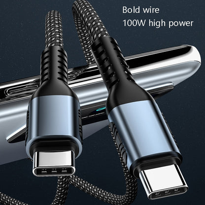 Black braided Type-C charging cable with silver ends, close-up