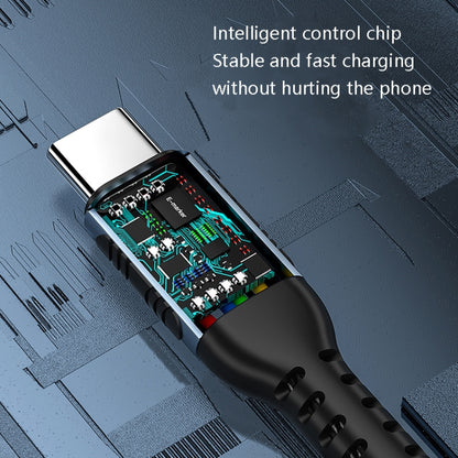 USB-C male-to-male cable with exposed connector tips and black braided sleeve