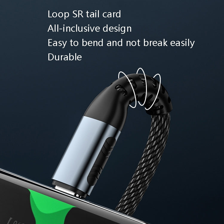 Black braided Type-C cable with looped tail and silver connector housing