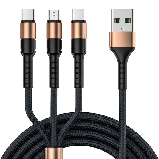 3-in-1 USB charging sync cable with Type-C and 8-pin connectors, black and gold end caps