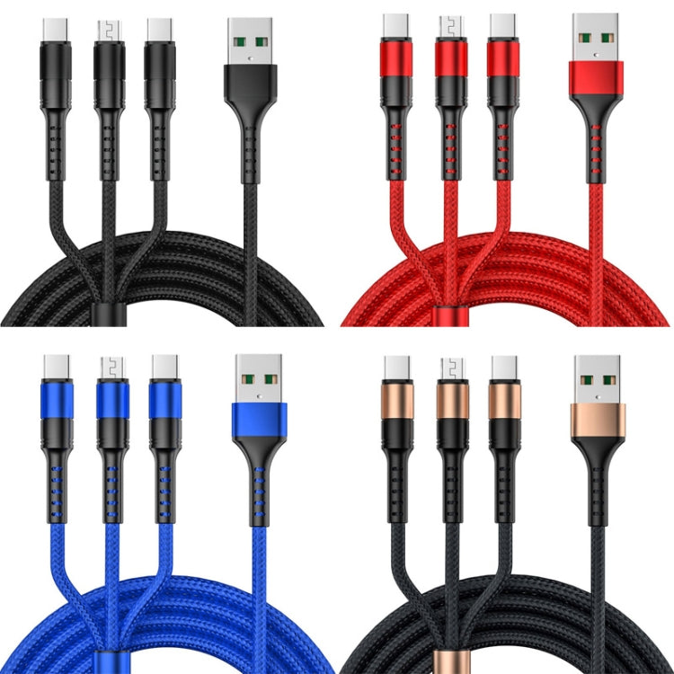 3-in-1 USB charging sync cable set showing black, blue, red braided cords and USB ports