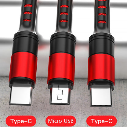 Close-up of red 3-in-1 charging cable ends showing Type-C and Micro USB ports