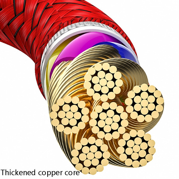 3-in-1 charging cable close-up: red braided jacket with thickened copper core strands