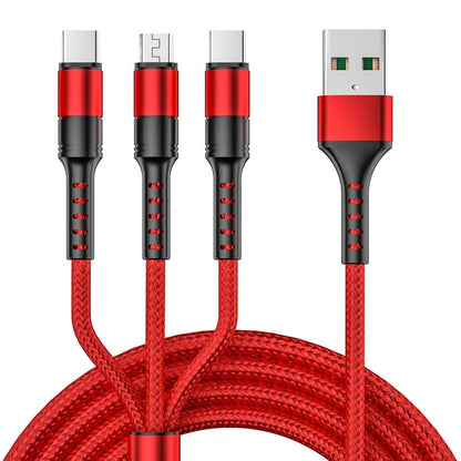3-in-1 USB charging sync cable with Type-C and 8-pin connectors, red braided cable