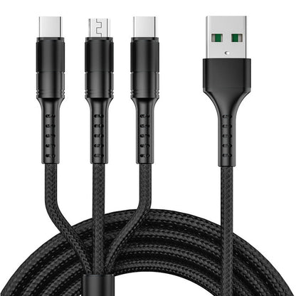 3-in-1 USB charging sync cable with Type-C and 8-pin connectors, black braided cable